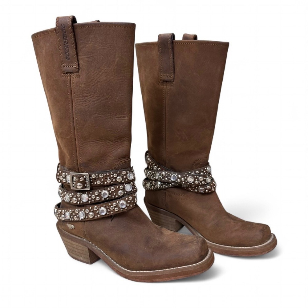 Rocket dog Brown Leather Boots Silver Studded Rhinestone Buckle Women's 6.5